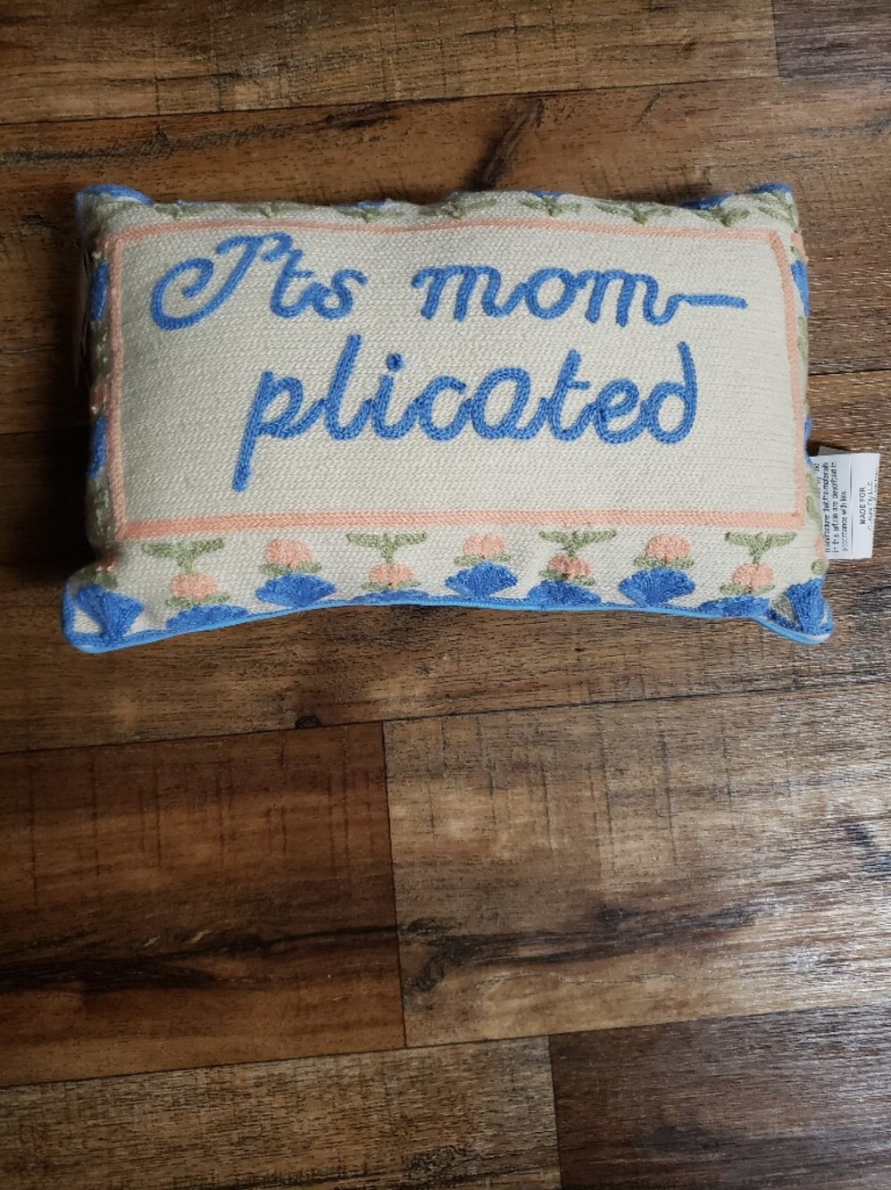 Embroidered Rectangular Pillow - "It's Mom-plicated" - Blue & Cream